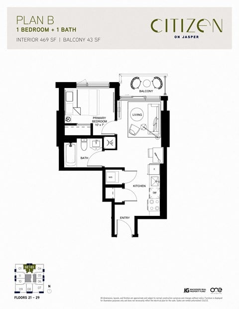 Floor plan for 1 bed, 1 bath, 469 sqft